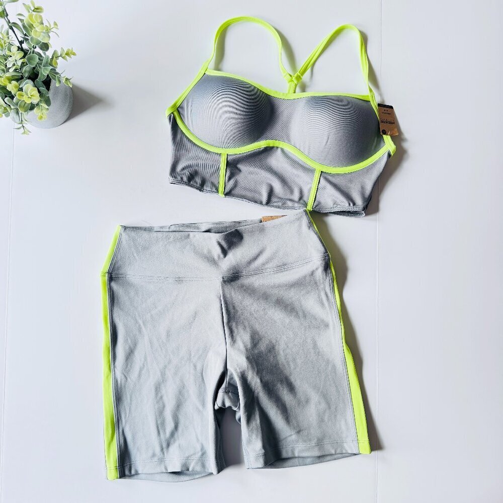PINK Victoria's Secret Activewear Set Sports Bra and Bike Shorts Gray Lime Green